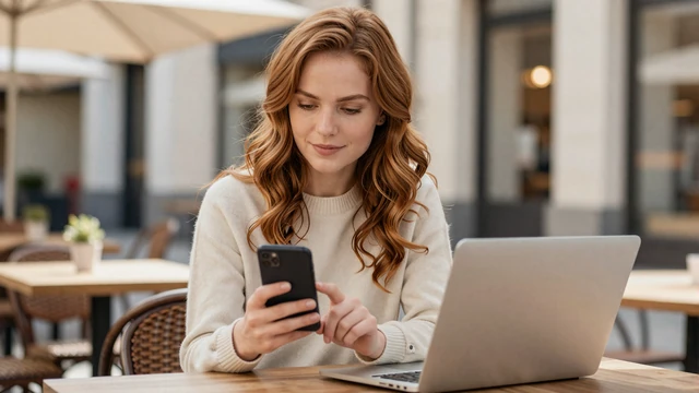 Woman safely browsing a trucker dating site from a sunny cafe terrace