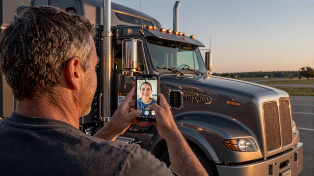 OTR trucker on a long-distance video call with his partner from inside a Peterbilt cab