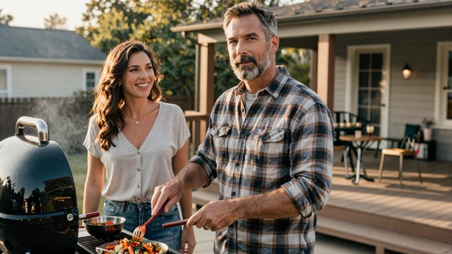 Married truck driver and his wife sharing home-time BBQ on the backyard deck