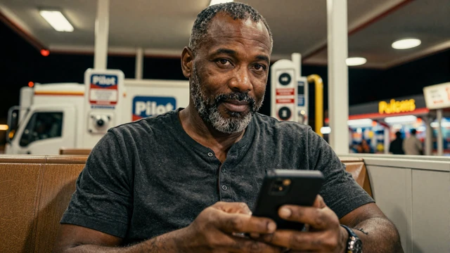 CDL driver optimizing his online dating profile from a truck stop booth at night