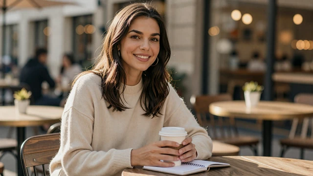 Woman reading trucker dating safety tips at a sunlit cafe table