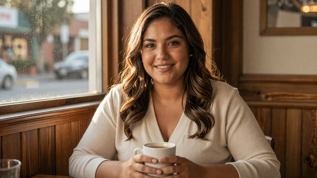Woman dating a truck driver enjoying coffee at a roadside diner, warm honest portrait