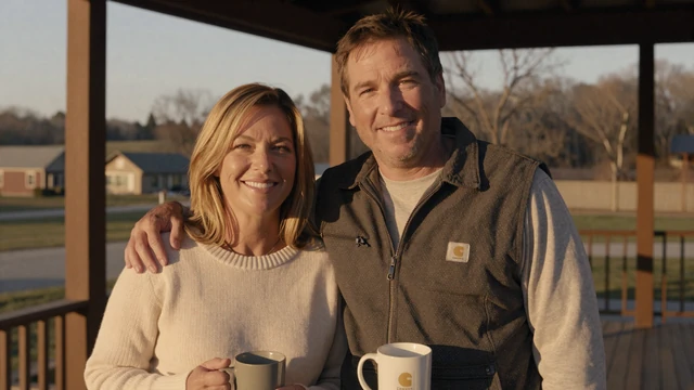 Married trucker couple sharing coffee on a porch during home time