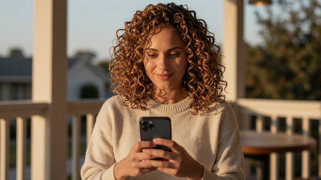 Woman safely connecting with a trucker online from her porch at golden hour