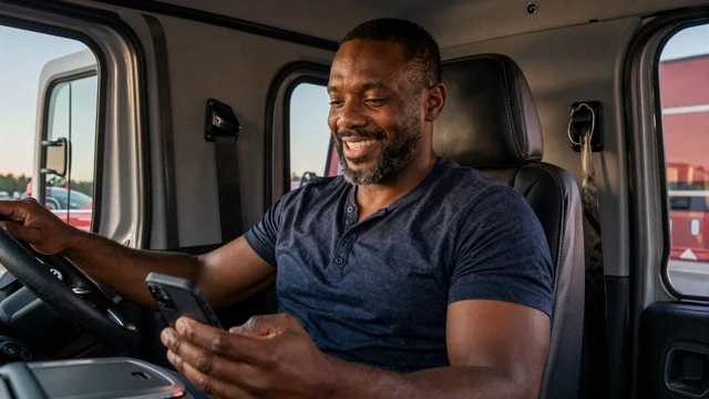 OTR trucker on a long-distance video call with his partner from inside a Peterbilt sleeper cab
