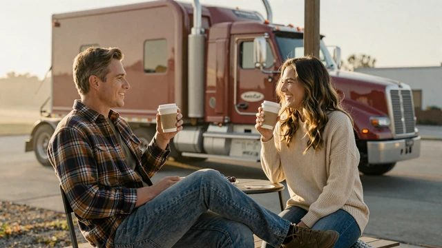Truck driver and his partner sharing coffee at sunrise during home time