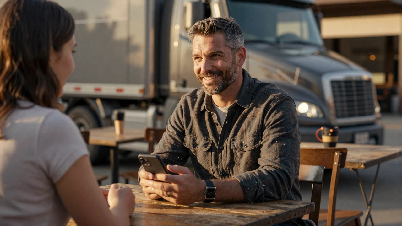 CDL owner-operator on a dating app conversation with a verified woman at a roadside diner