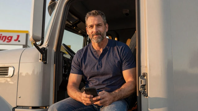 OTR truck driver using a dating app from inside his cab at a truck stop