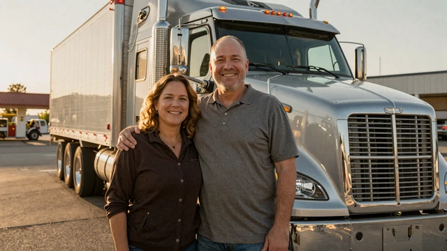 Real trucker couple success story at a truck stop at golden hour