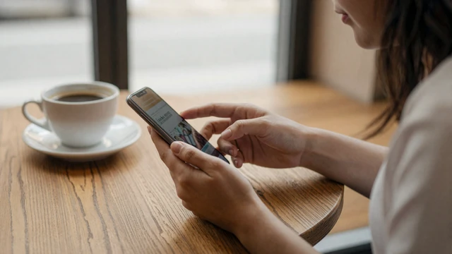 Woman checking a verified trucker dating profile on her phone at a cafe