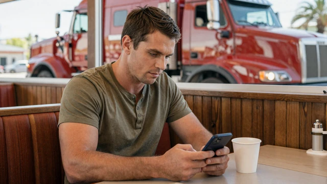 CDL driver composing a thoughtful online dating message from a diner booth during a layover