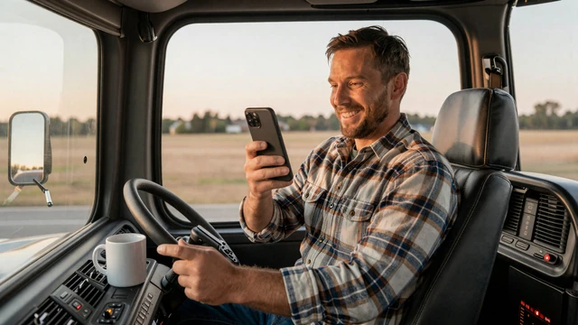 Trucker on a video call with his partner from the cab of his rig at dawn