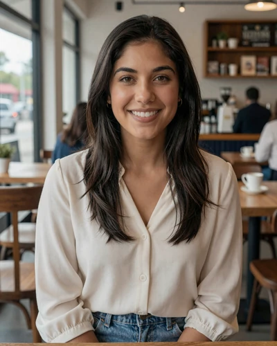 Houston woman smiling in a coffee shop for trucker dating Texas profile