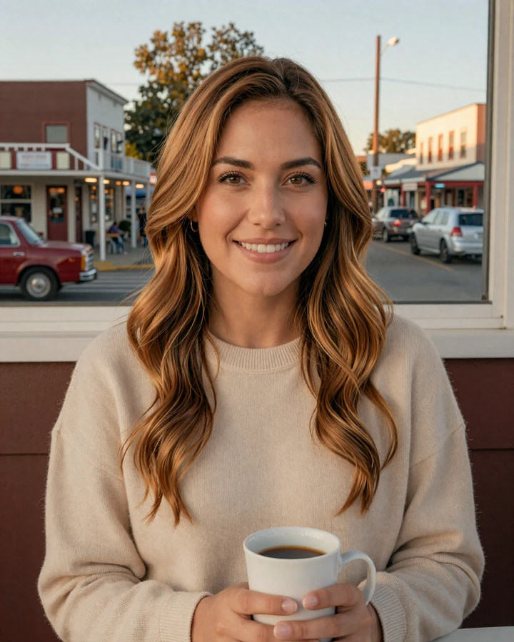 Verified woman member on premium trucker dating platform, warm coffee shop portrait